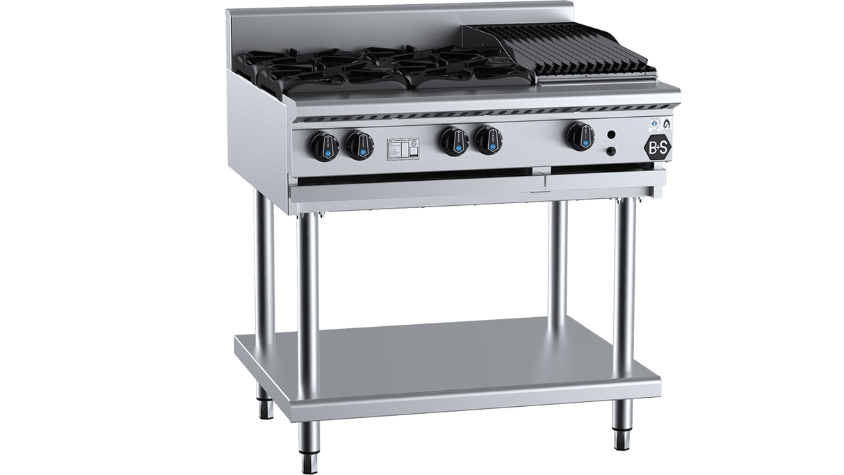 B+S Black Combination Four Open Burners & 300mm Char Broiler