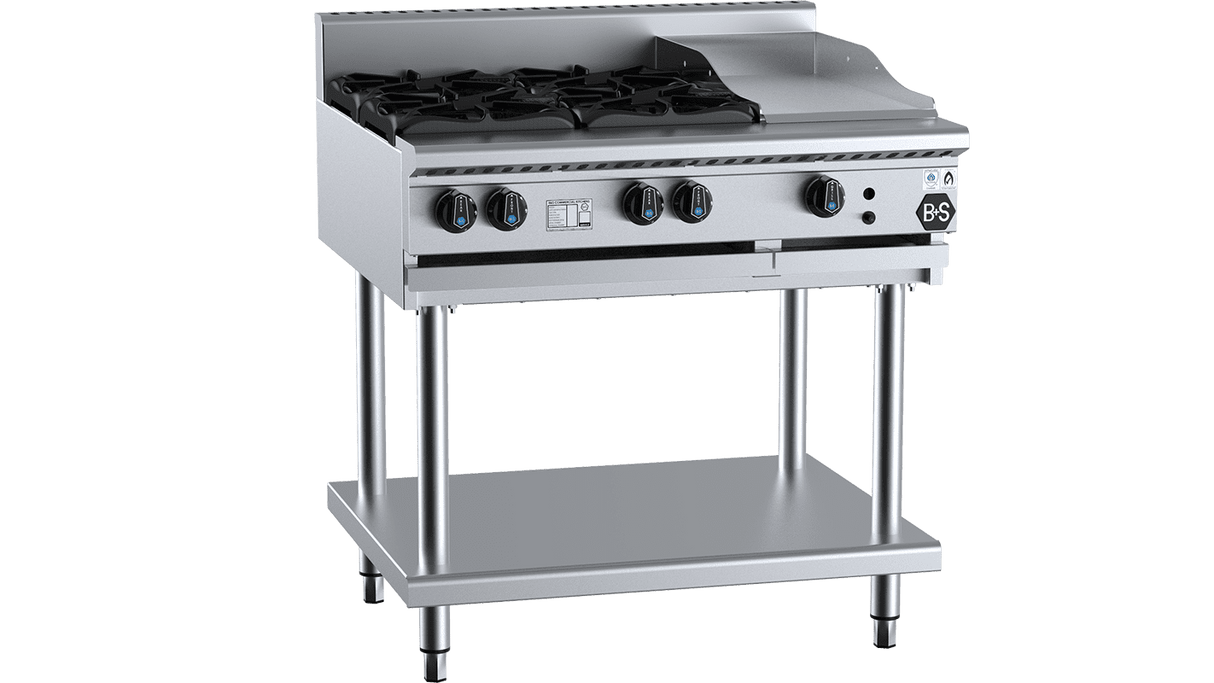 B+S Black Combination Four Open Burners & 300mm Grill Plate
