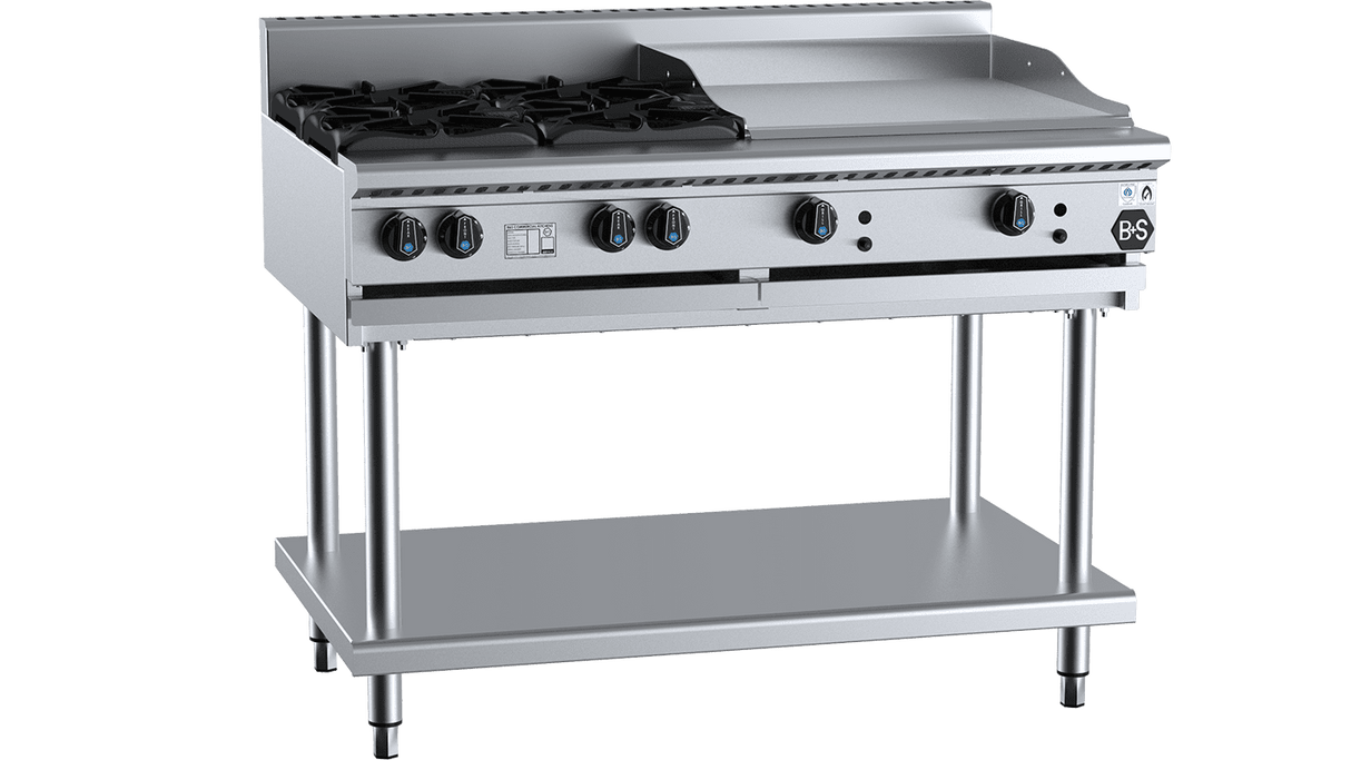 B+S Black Combination Four Open Burners & 600mm Grill Plate