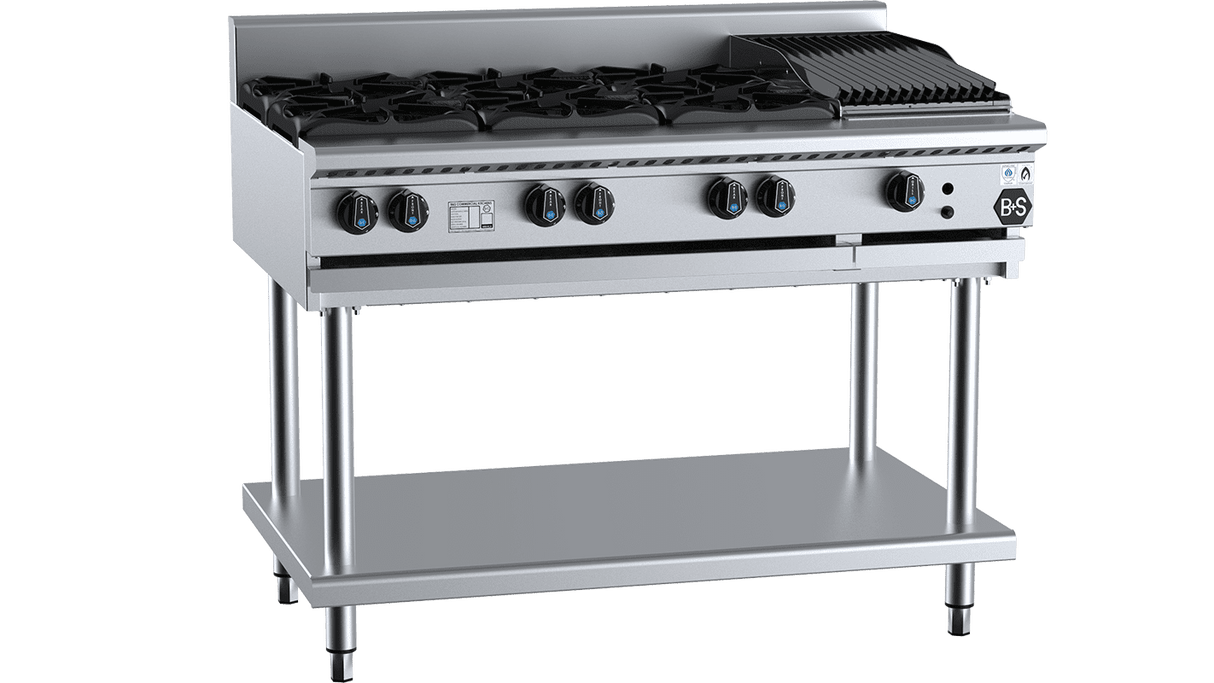 B+S Black Combination Six Open Burners & 300mm Char Broiler