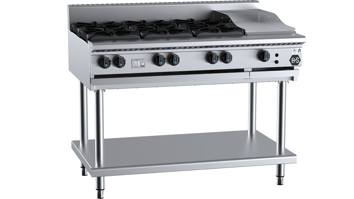 B+S Black Combination Six Open Burners & 300mm Grill Plate