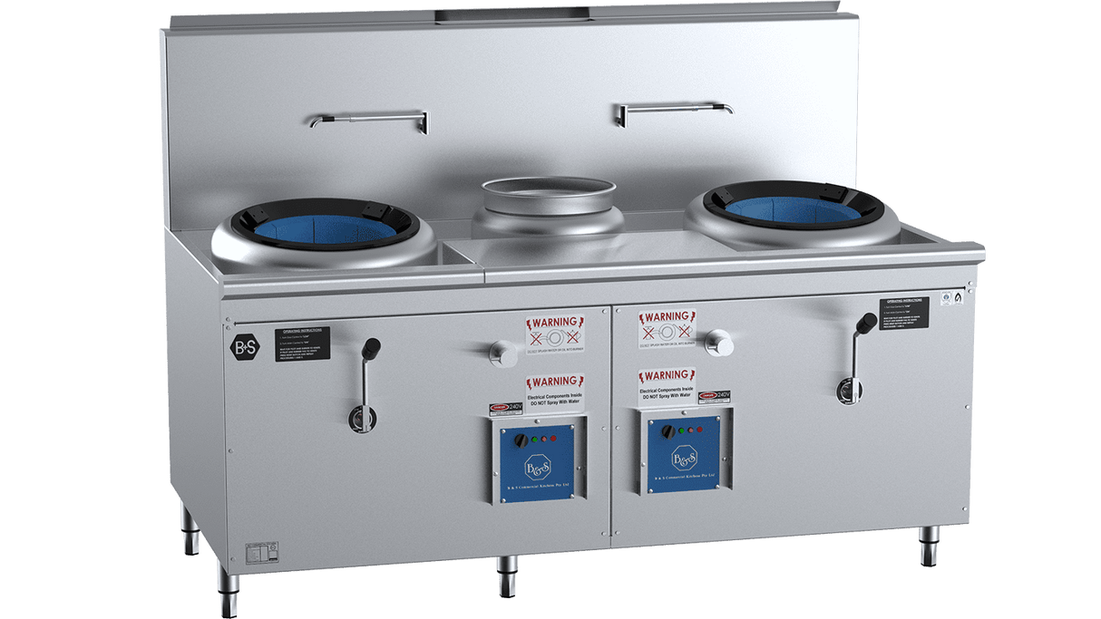 B+S Black Double Hole Hi Pac Wok with Centre Pot and Prep Table
