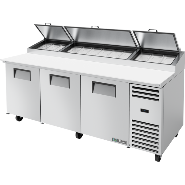 TRUE Pizza Prep Table - 3 Solid Door Fridge Under