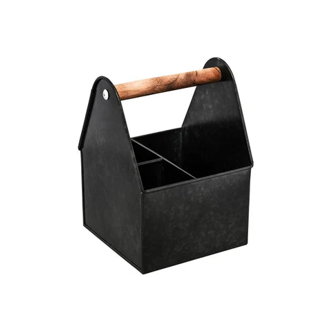 3-Compartment Utensil Caddy with Wood Handle - Black
