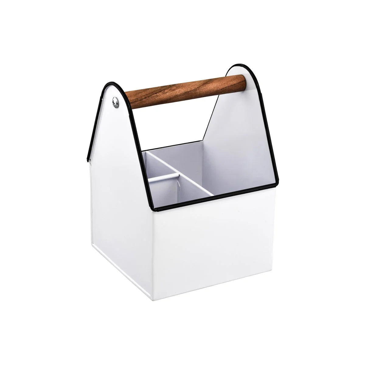 3-Compartment Utensil Caddy with Wood Handle - White
