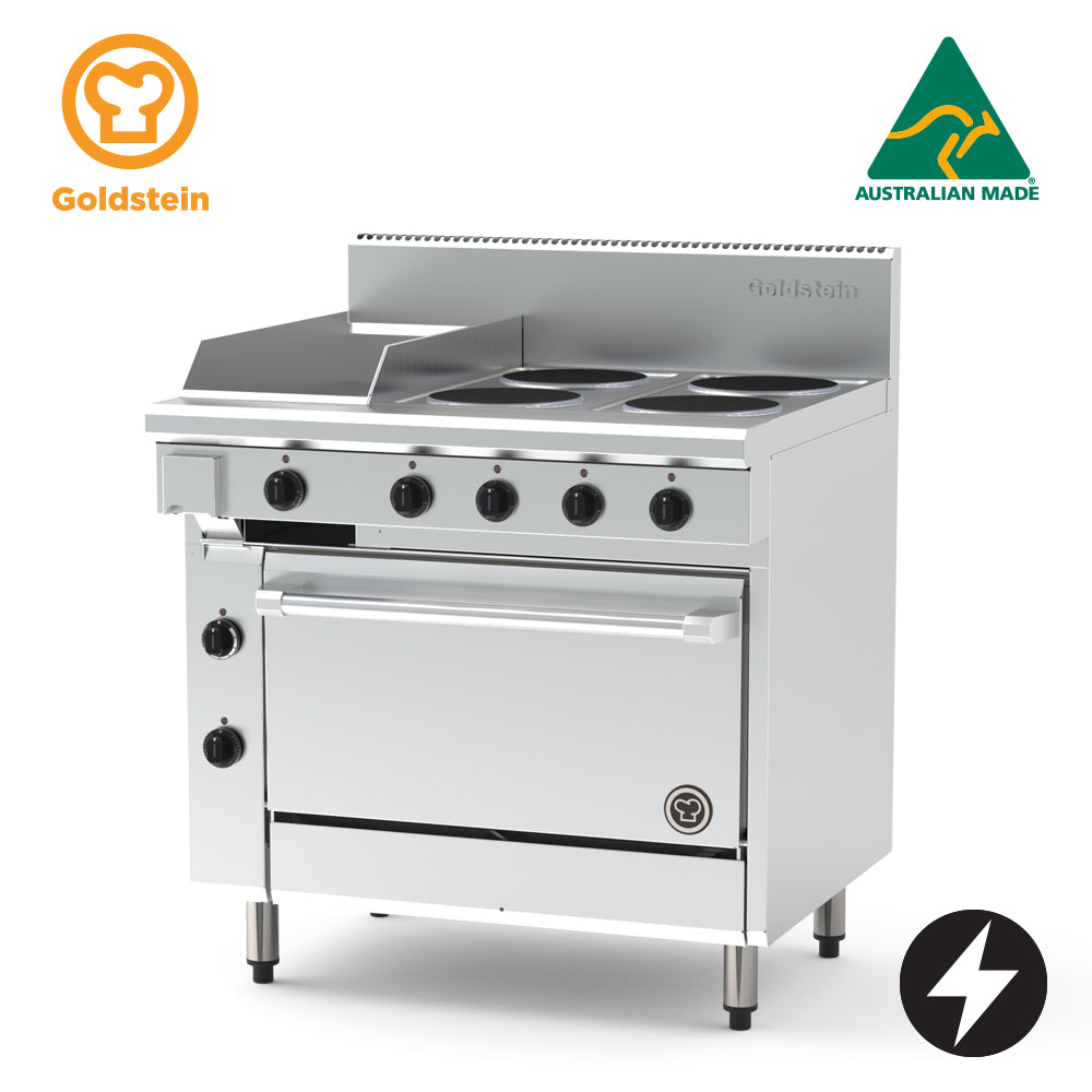 GOLDSTEIN Electric Range 4 x 2 kW solid plates, 289 x 520 x12 mm griddle, 28" static oven