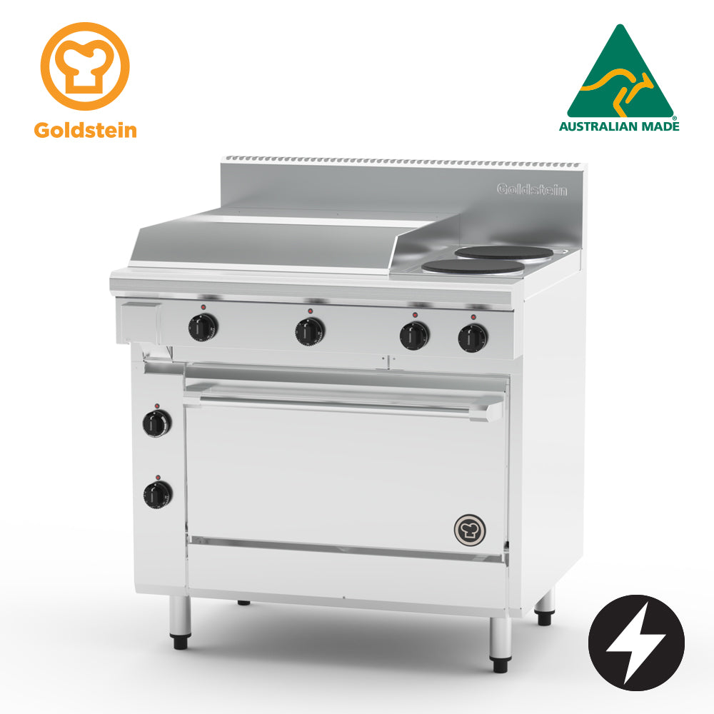 GOLDSTEIN Electric Range 2 x 2 kW solid plates, 605 x 520 x12 mm griddle, 28" fan forced oven