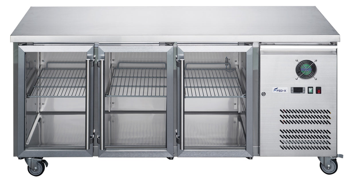 FED-X Three Glass Door Bench Fridge Stainless Steel